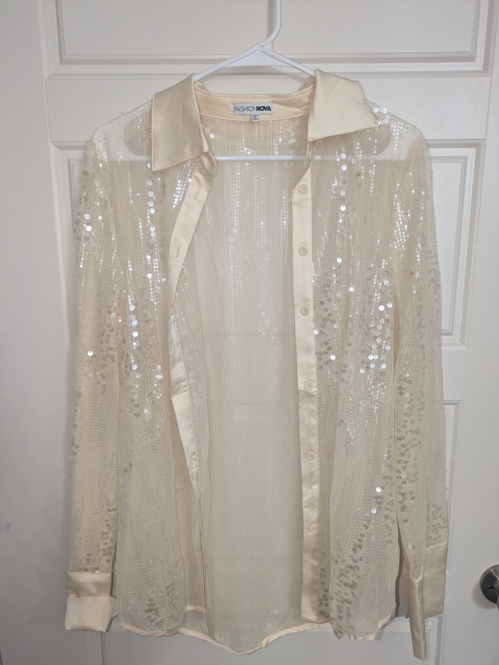 Sheer Sequin Button-Front Blouse - CREAM